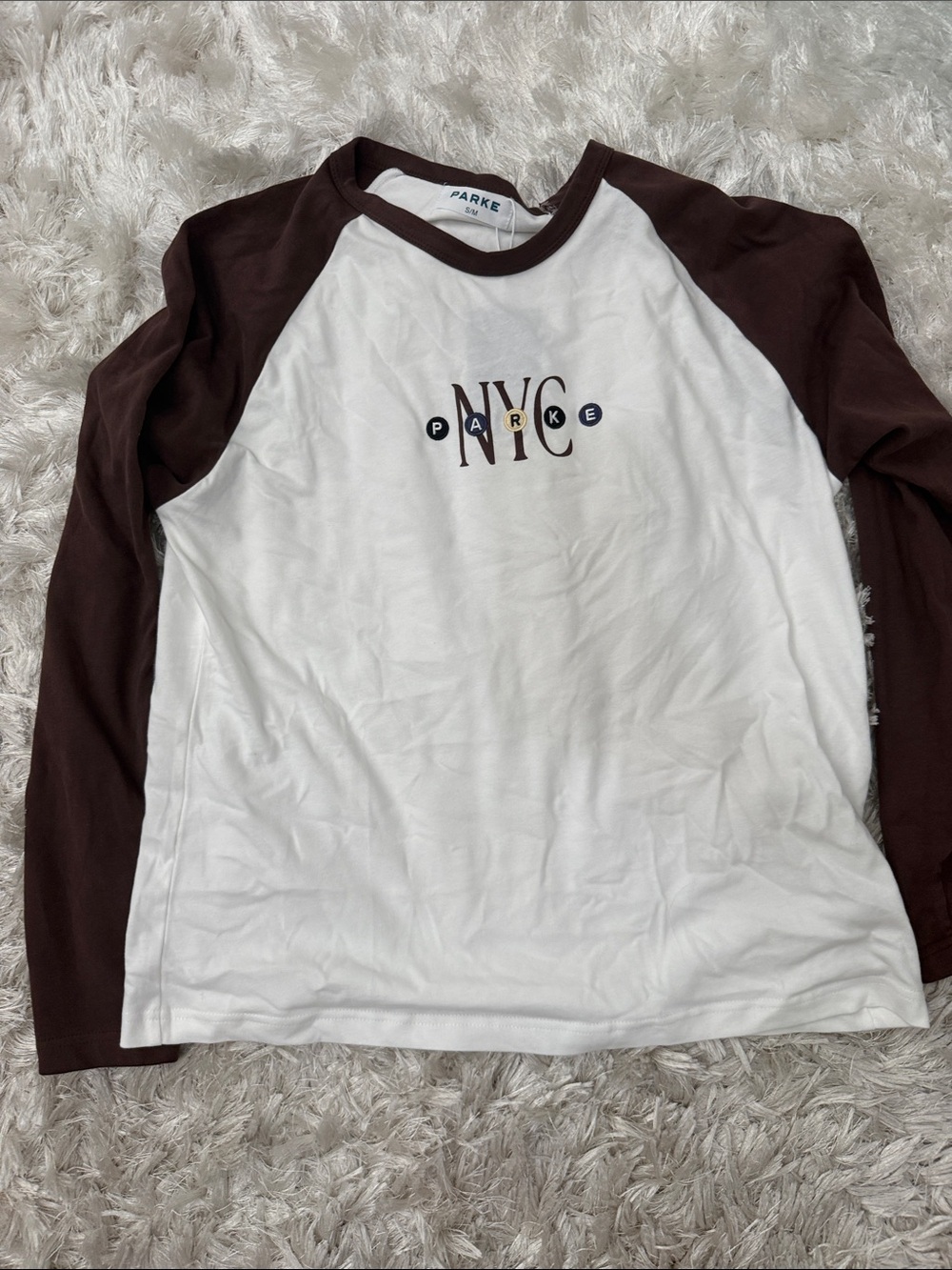 Parke White Body Long-Sleeve Raglan with Brown Sleeves and Iconic Chest Logo